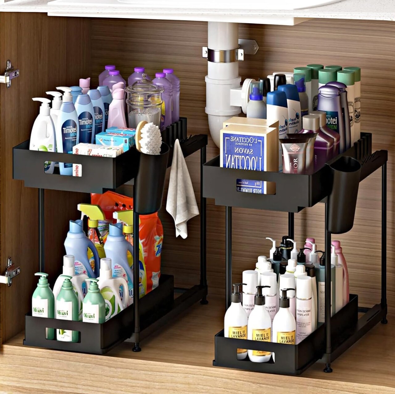 Double Sliding 2PC Under Sink Organizer, 2 Tier Bathroom Organizer with 2  Cup 8 Hooks, Multi-purpose Under Cabinet Storage Rack, Under Sink  Organizers and Storage for Home Kitchen Organization